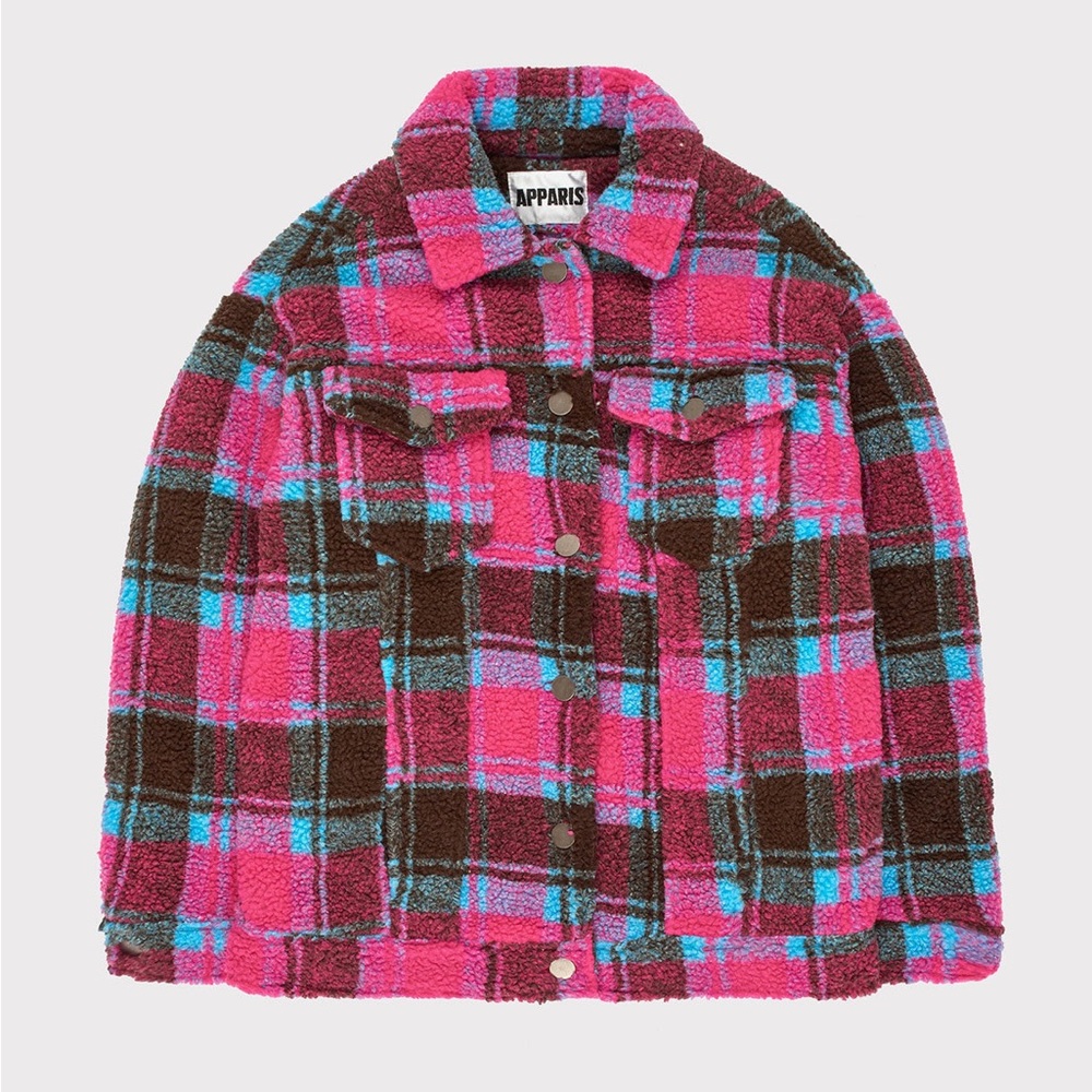 ✨Apparis | Pink Blue Plaid Warm Trucker Teddy Jacket